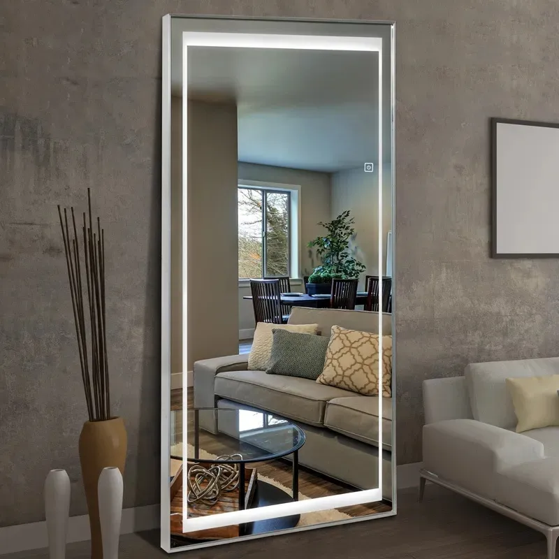 Aluminum Frame Wall Mounted Dressing Mirror with LED Light Household Floor Full Body Mirror