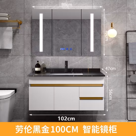 White Ceramic Floating Gold Bathroom Smart LED Mirror Vanity Cabinets